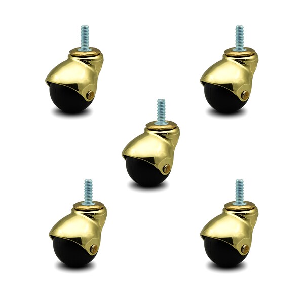 2 Inch Bright Brass Hooded 3/8 Inch Threaded Stem Ball Casters SCC, 5PK